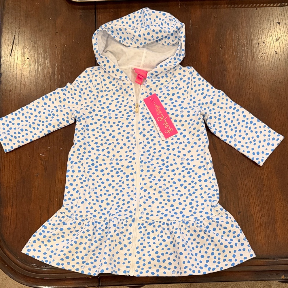 Lilly Pulitzer Girls' Hooded Zip up cover up dress with Blue Dot Print